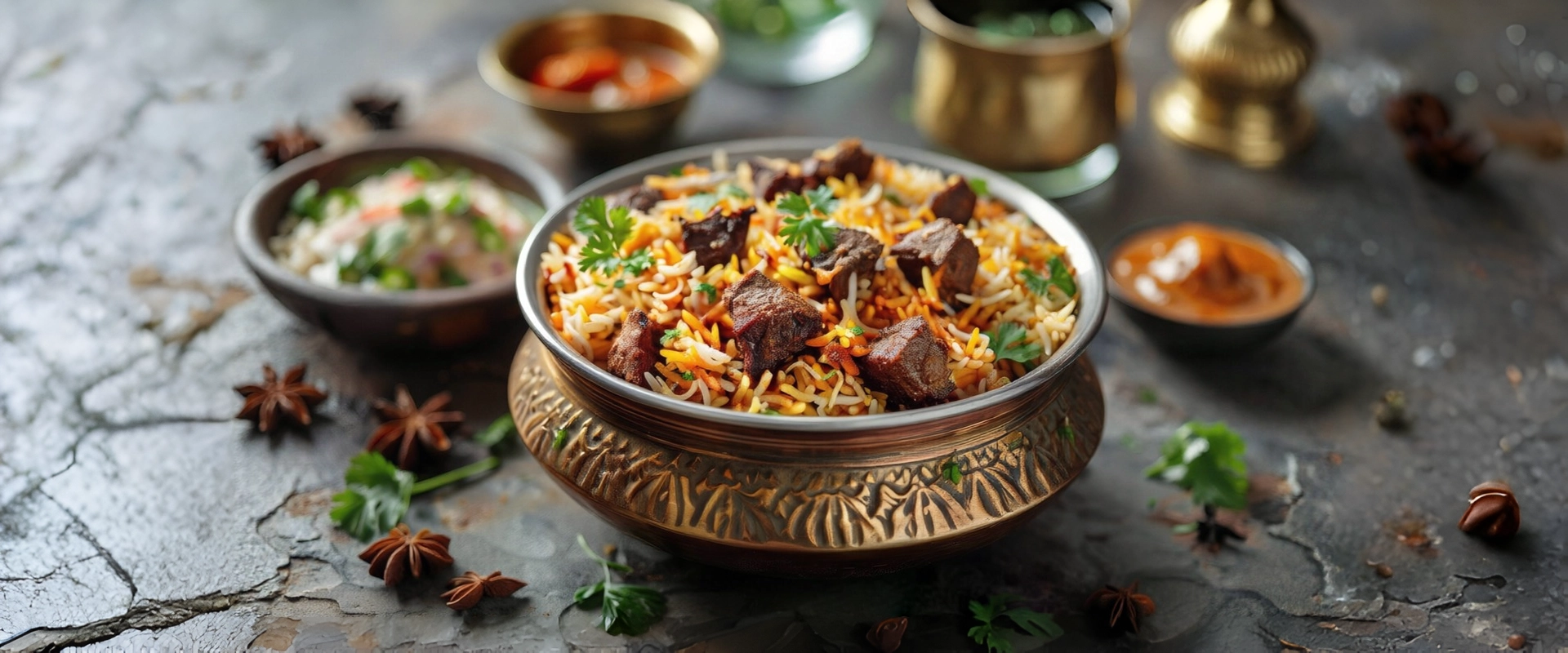 Traditional dum mutton biryani crafted with royal flavors at the best Indian food in Singapore