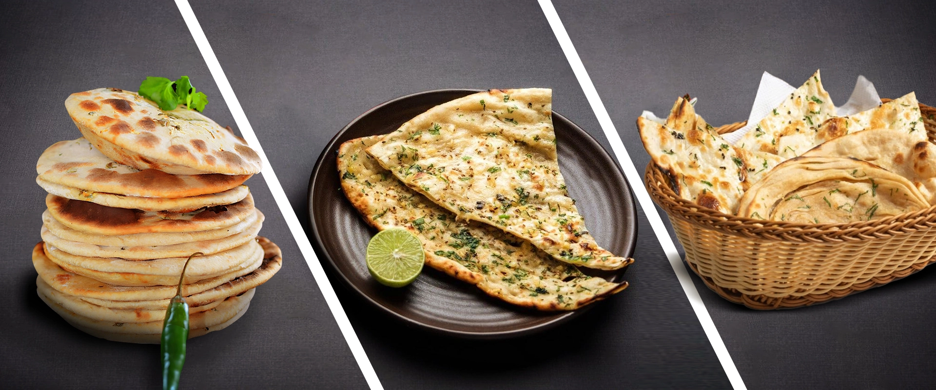 Various types of garlic naan and Indian flatbreads at western restaurant Singapore Haldi Mexicana