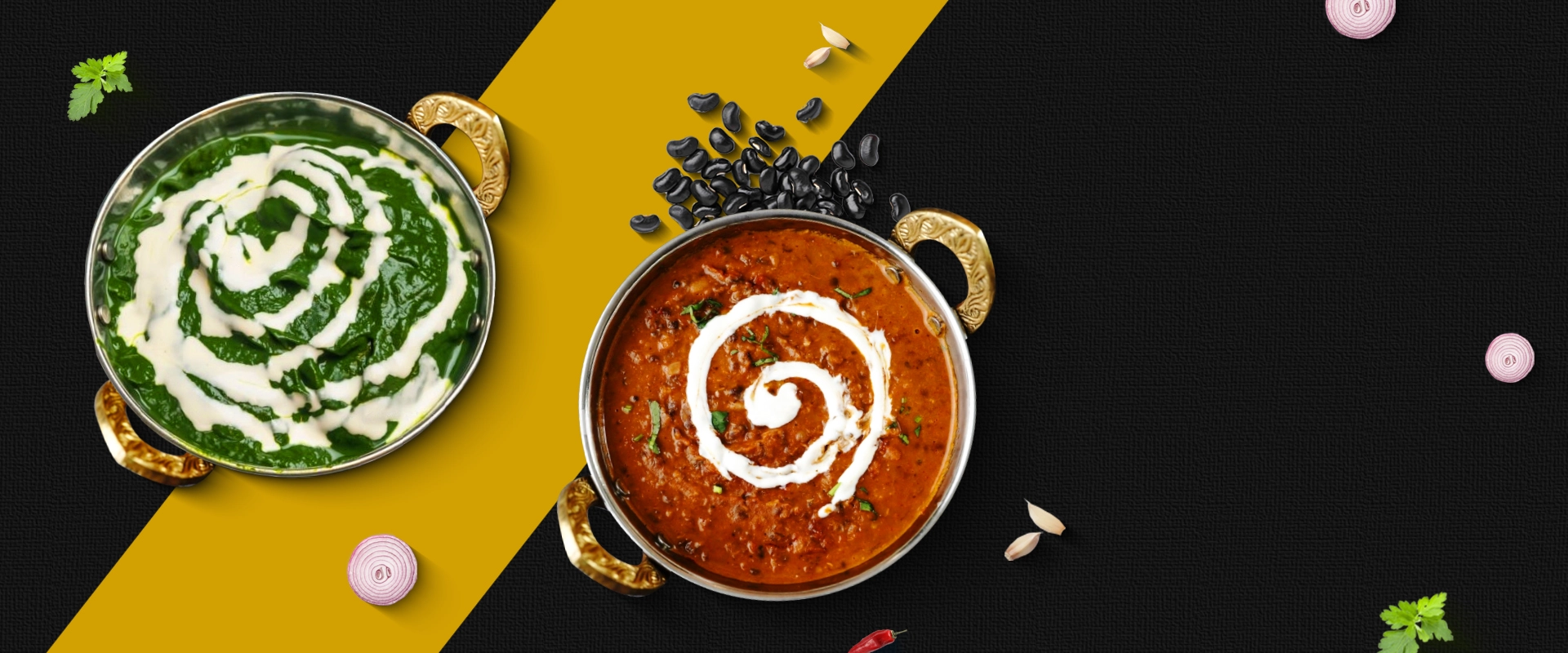 Palak paneer and dal makhani served in traditional brass handis at best Indian food in Singapore